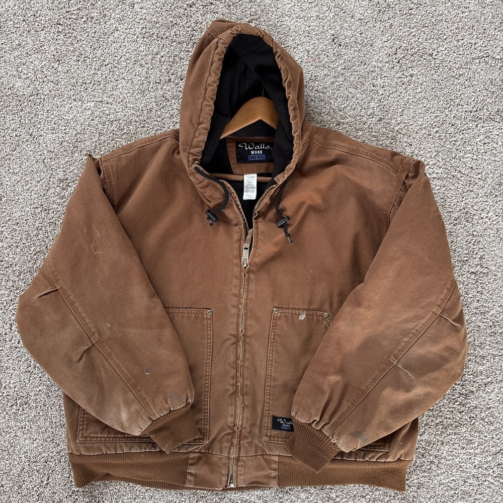 Vtg Walls Work Wear Jacket Men 2XL Brown Duck Canvas Fleece‎ Lined Hooded Grunge